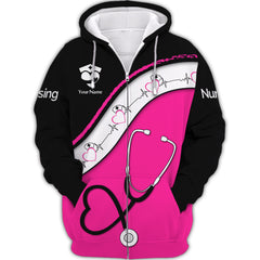 Custom Name Nursing 3D Zipper Hoodie Personalized Gift For Nurses