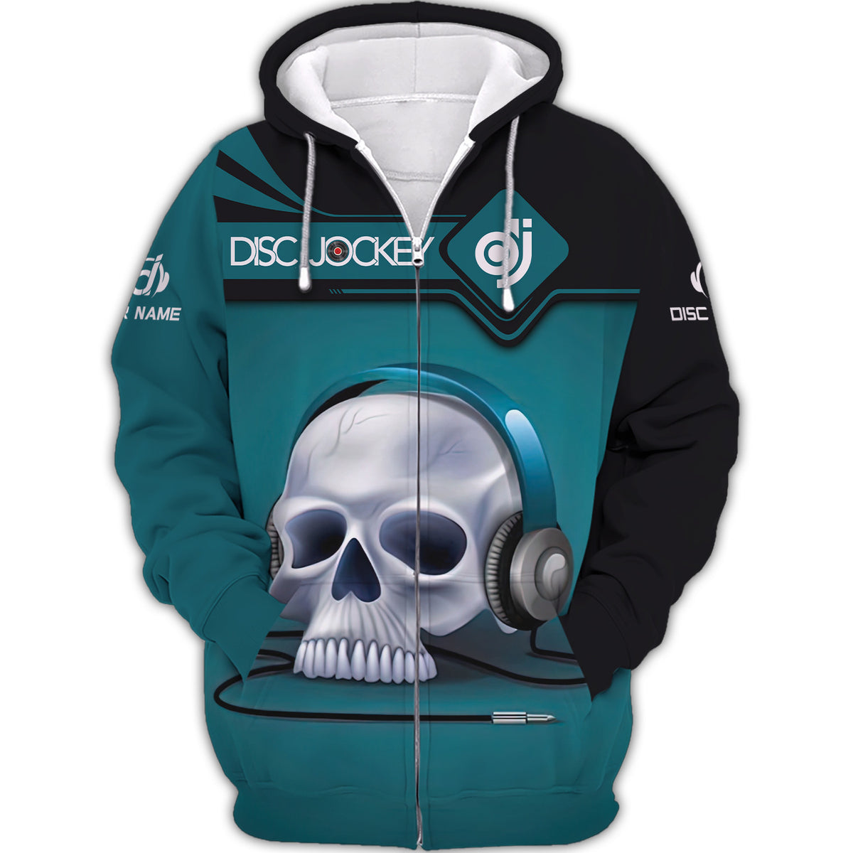 Music Skull Disc Jockey Personalized Name 3D DJs Zipper Hoodie