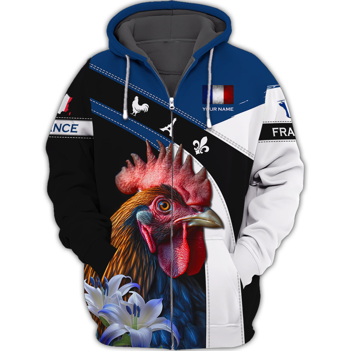 Custom Name 3D France Zipper Hoodie Rooster With Flower Personalized Gift For France Lovers