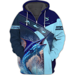 Marlin Fishing Personalized Name 3D Zipper Hoodie Custom Gift For Marlin Fising Lovers