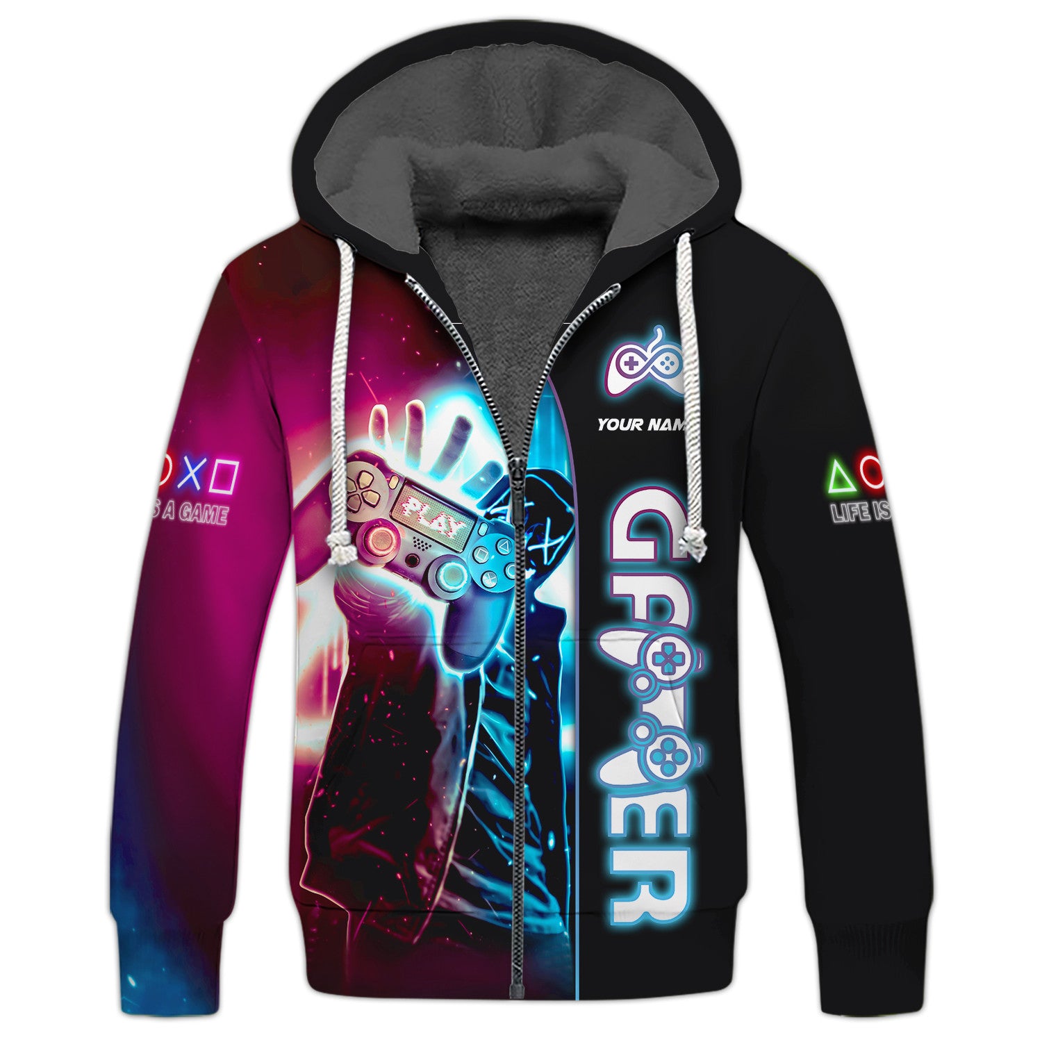 Gamer Personalized Name 3D Playstation Zipper Hoodie Gift For Game Lovers