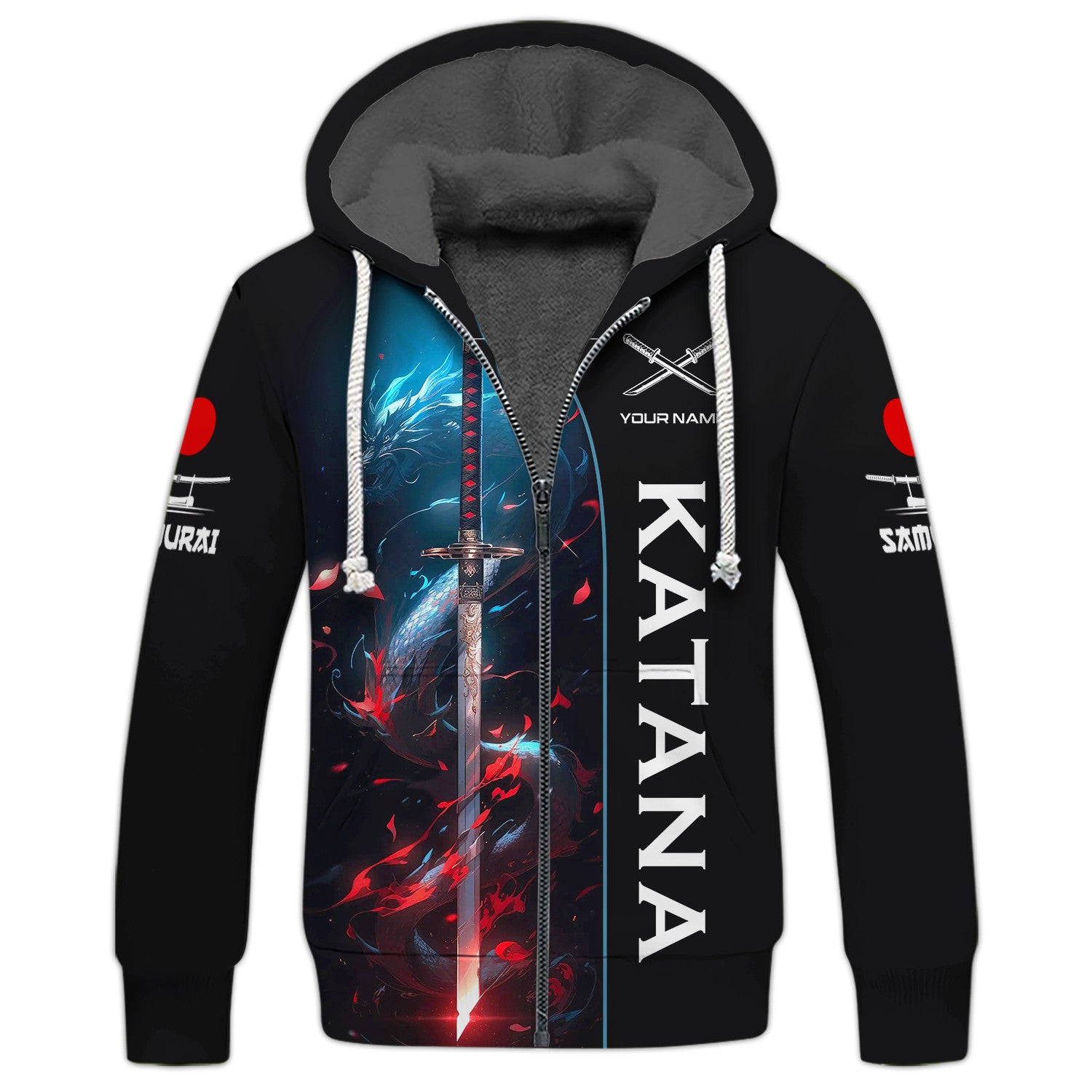 Katana Samurai Personalized Name 3D Zipper Hoodie Custom Gift For Katana Lovers