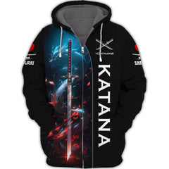 Katana Samurai Personalized Name 3D Zipper Hoodie Custom Gift For Katana Lovers