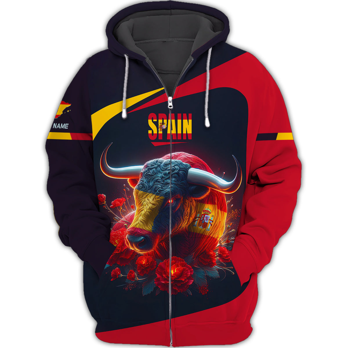 Spanish Bull Flag Personalized Name 3D Zipper Hoodie Custom Gift For Spain Lovers