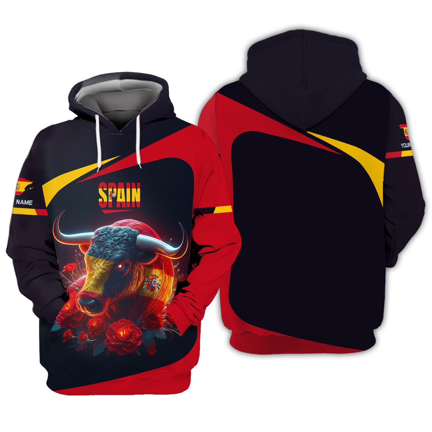 Spanish Bull Flag Personalized Name 3D Zipper Hoodie Custom Gift For Spain Lovers