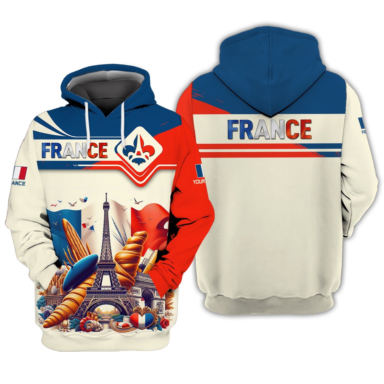 Unisex 3D France Zipper Hoodie Personalized Name Gift For France Lovers