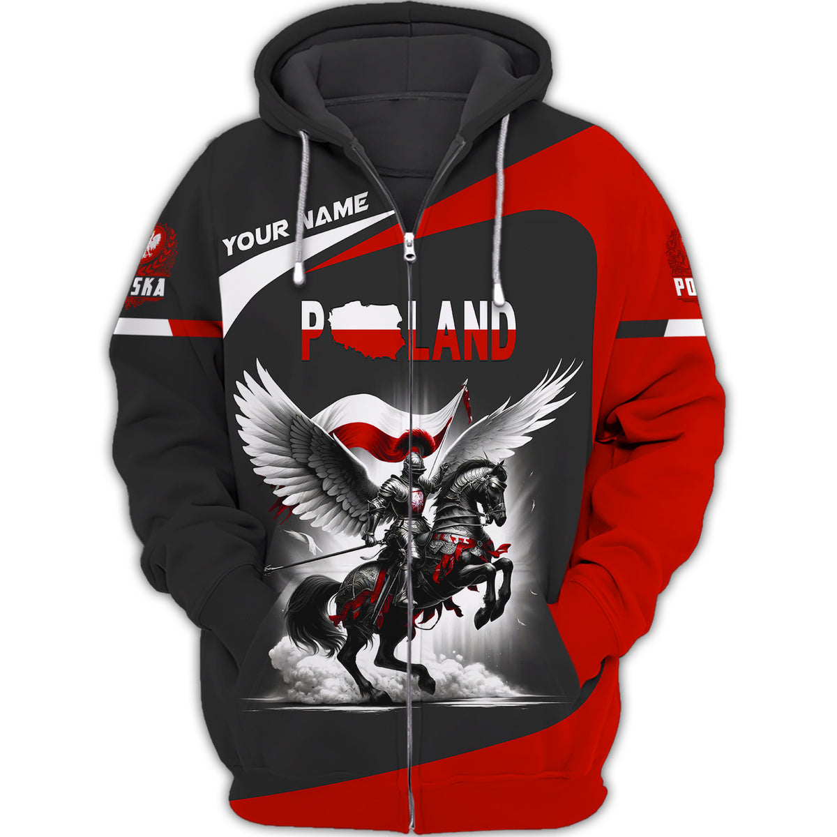 Knight With Horse Poland 3D Custom Name Zipper Hoodie Gift For Poland Lovers