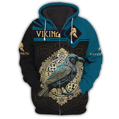 Raven Viking Personalized Name 3D Zipper Hoodie Custom Gift For Viking Lovers