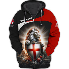 Love Lion England 3D Full Print Zipper Hoodie Custom Name Zipper Hoodie For England Lovers