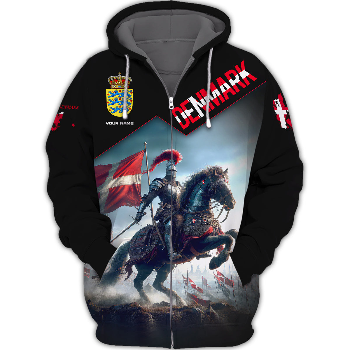 Knight Denmark Personalized Name Zipper Hoodie Custom Gift For Denmark Lovers