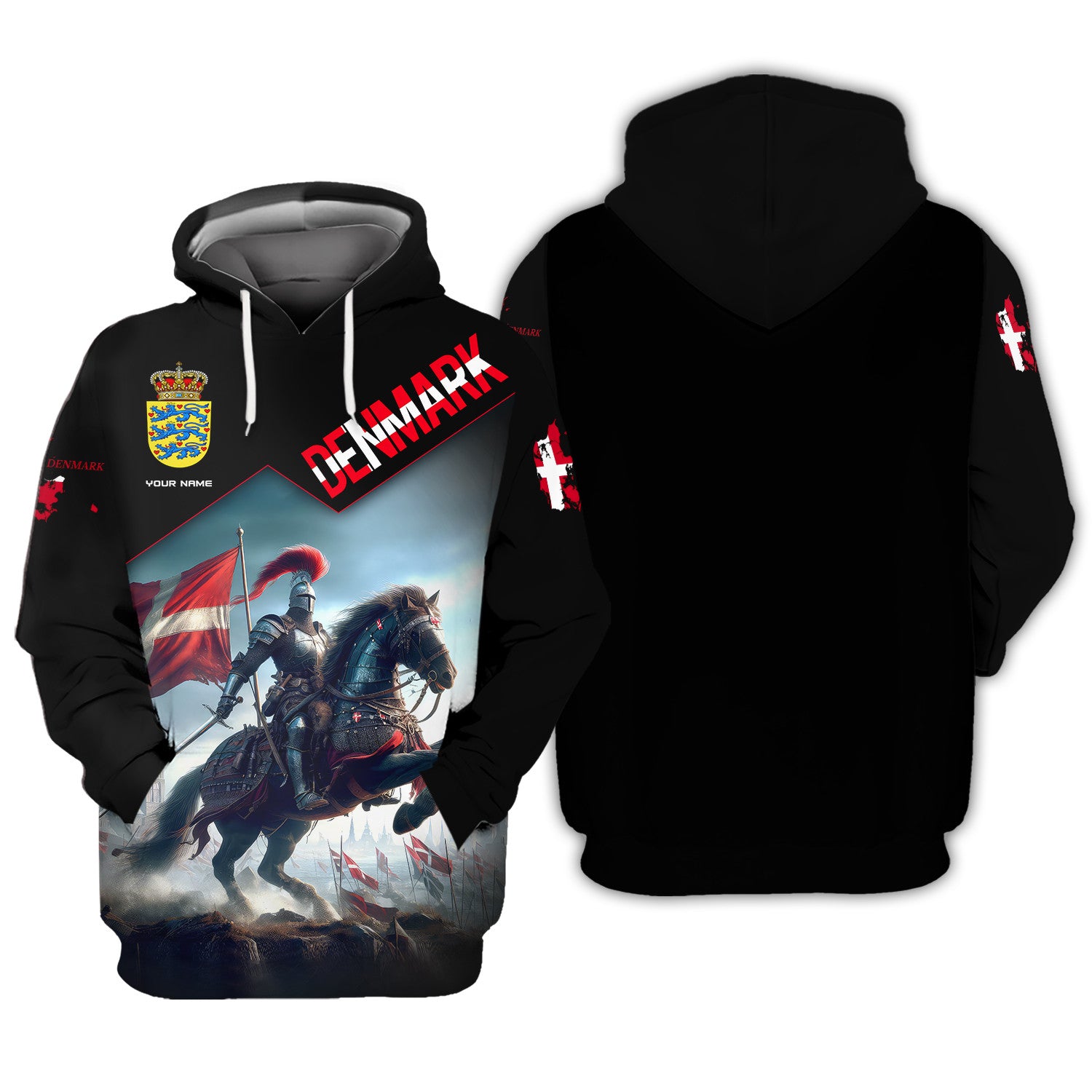 Knight Denmark Personalized Name Zipper Hoodie Custom Gift For Denmark Lovers