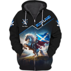 Knight With Scotland Flag Personalized Name 3D Zipper Hoodie Scottish Zipper Hoodie