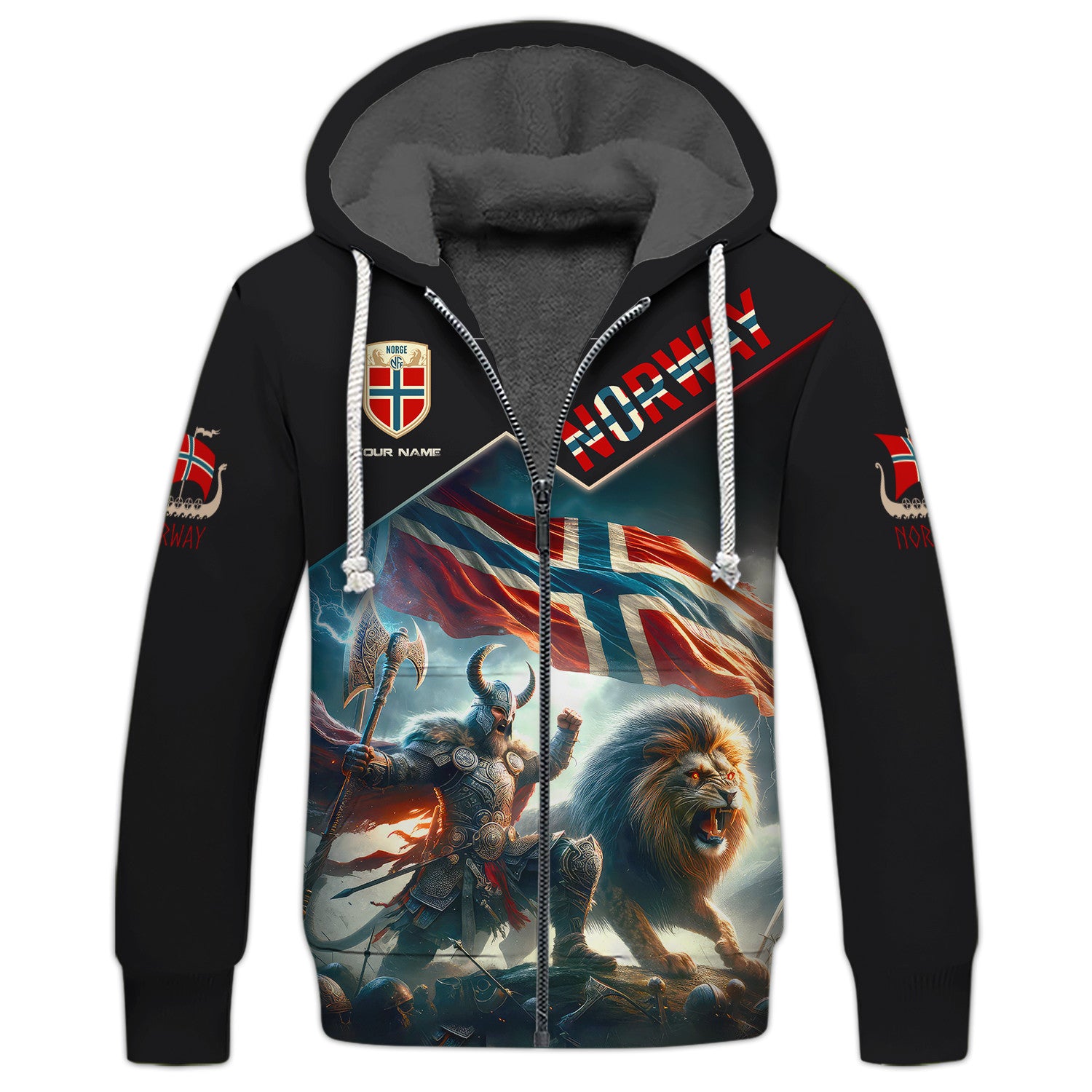 Norway Viking Warrior With Lion 3D Custom Name Zipper Hoodie Gift For Norway Lovers