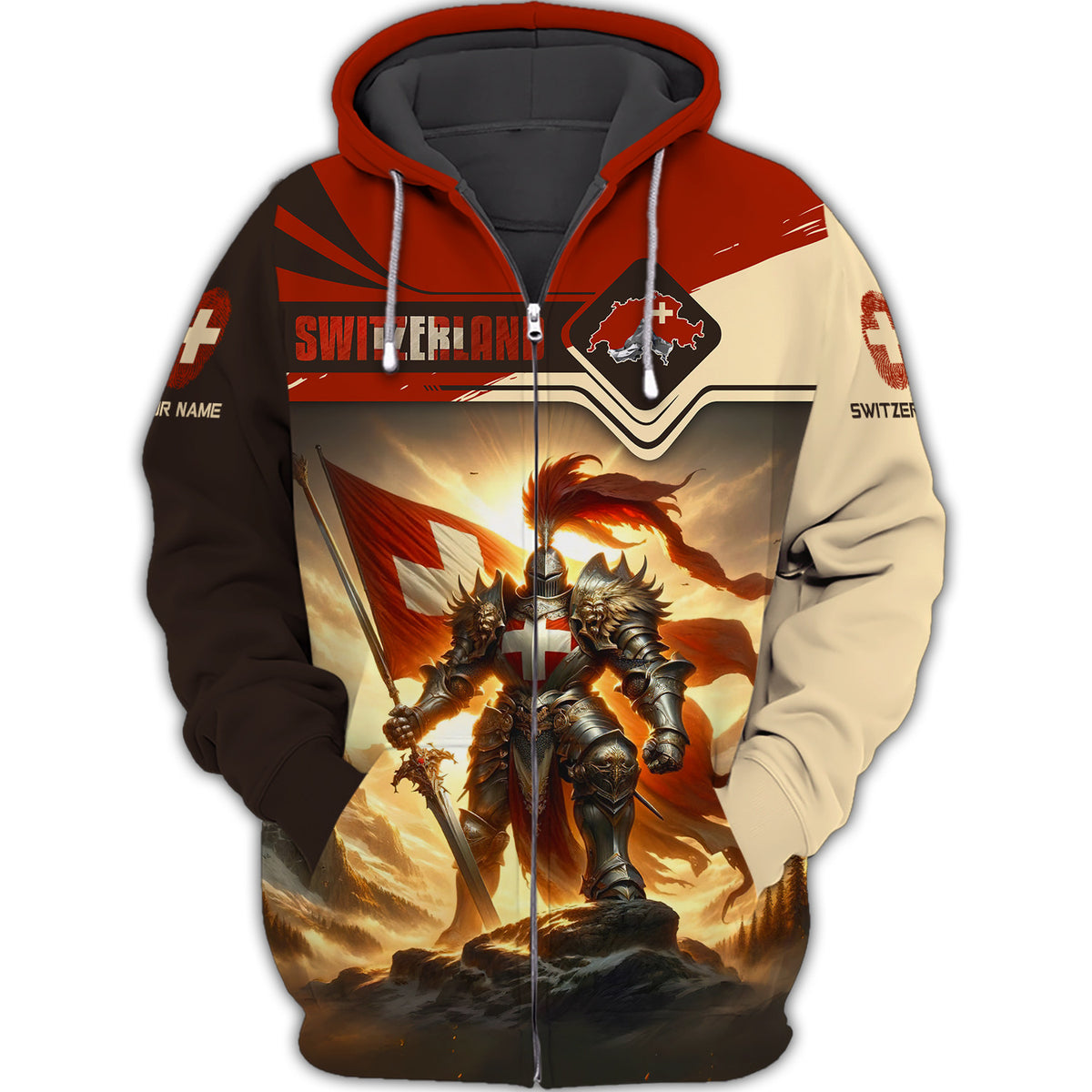 Switzerland Flag 3D Zipper Hoodie Switzerland Knight Custom Zipper Hoodie