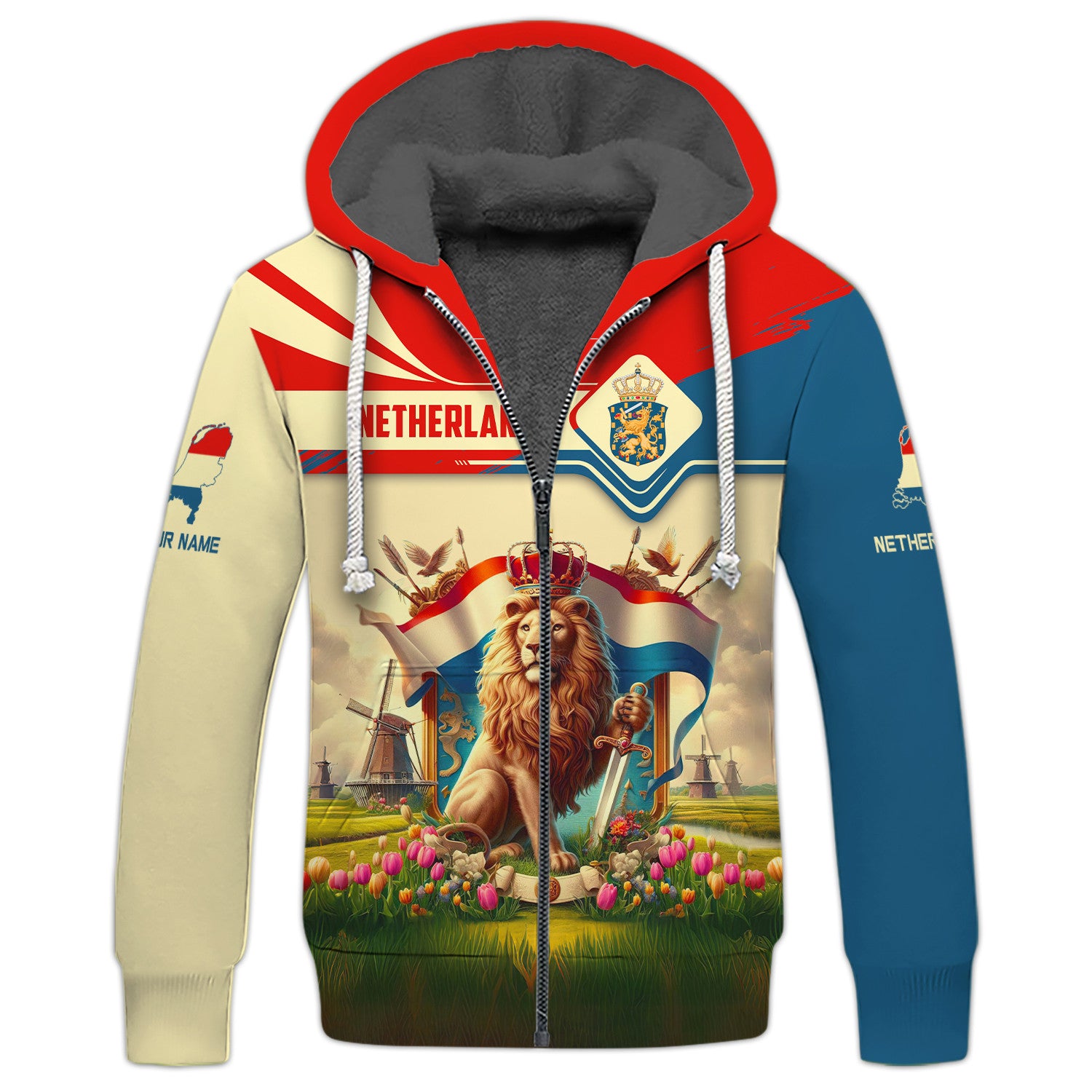 Netherland Flag Color Zipper Hoodie Netherlan Coat Of Arms Custom Zipper Hoodie Netherland Lion 3D Zipper Hoodie