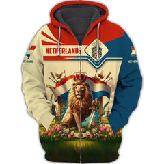 Netherland Flag Color Zipper Hoodie Netherlan Coat Of Arms Custom Zipper Hoodie Netherland Lion 3D Zipper Hoodie