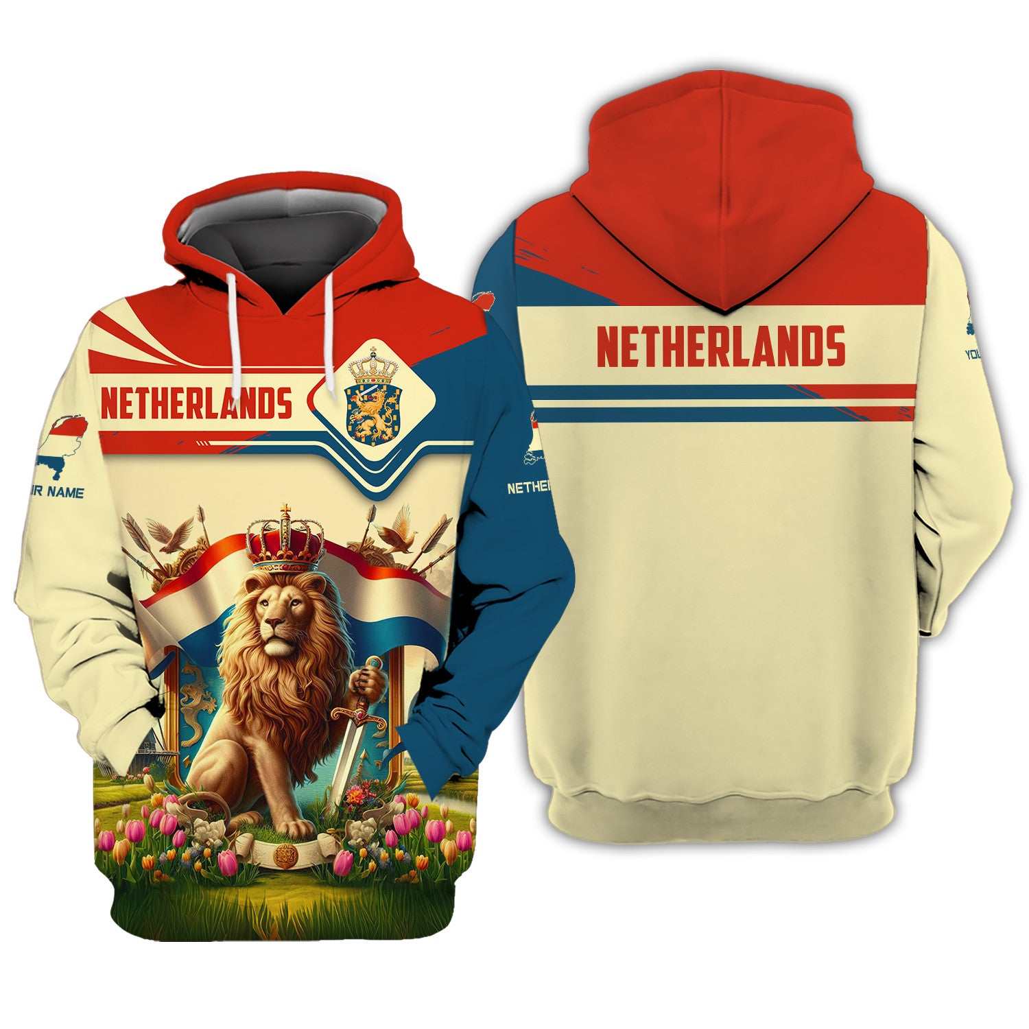 Netherland Flag Color Zipper Hoodie Netherlan Coat Of Arms Custom Zipper Hoodie Netherland Lion 3D Zipper Hoodie