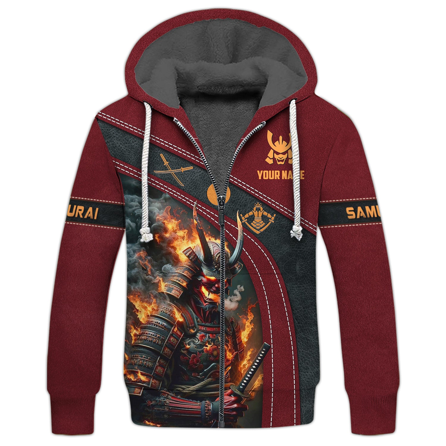 3D Full Print Samurai Zipper Hoodie Fire Samurai Zipper Hoodie Custom Name Gift For Samurai Lovers