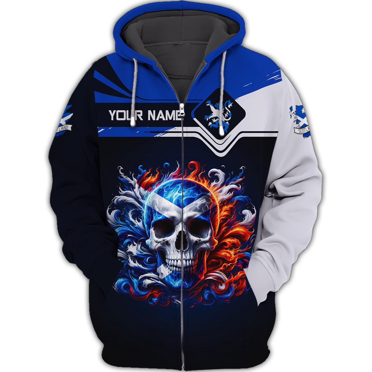 Skull Scotland Flag Personalized Name 3D Zipper Hoodie Custom Gift For Scotland Lovers