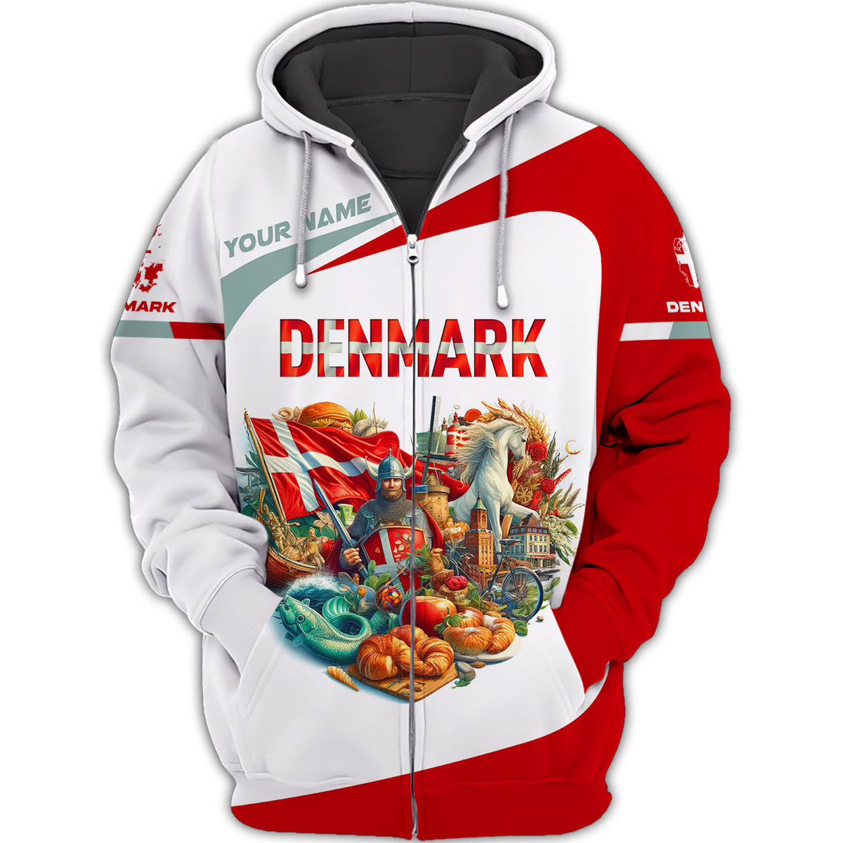 Heart Denmark Life Personalized Name 3D Zipper Hoodie Custom Name Gift For Denmark Lovers