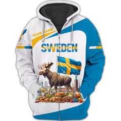 Moose Sweden Flag Personalized Name 3D Zipper Hoodie Gift For Sweden Lovers