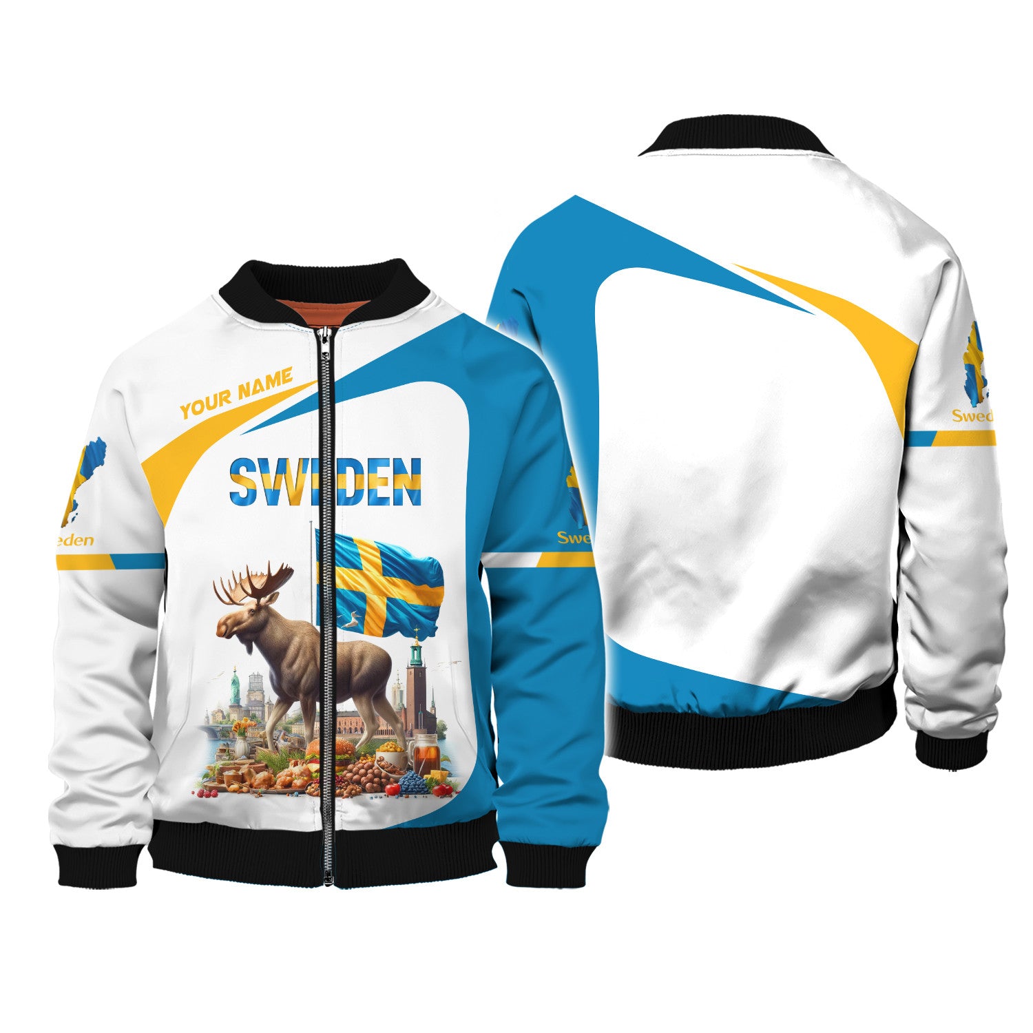 Moose Sweden Flag Personalized Name 3D Zipper Hoodie Gift For Sweden Lovers