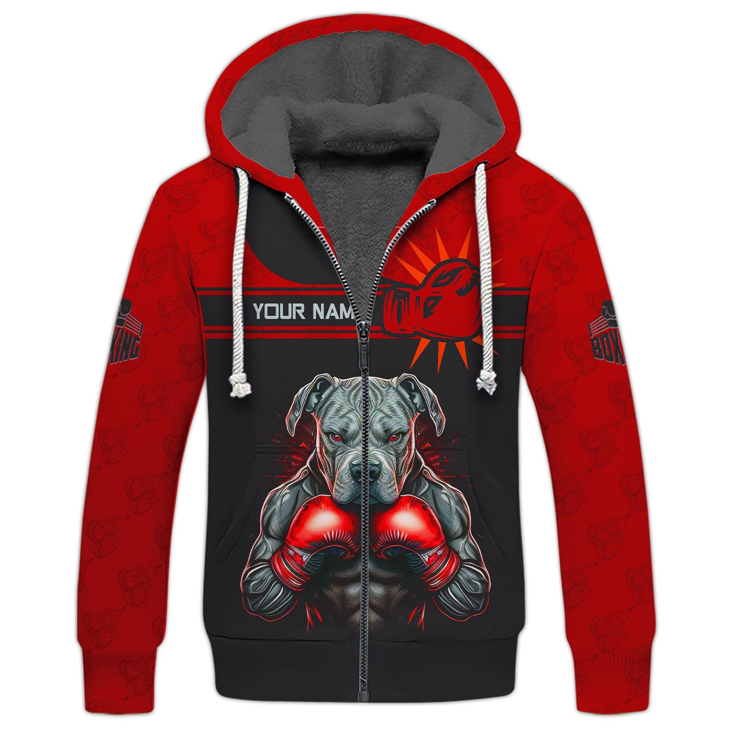 Boxing 3D Zipper Hoodie Black & Red Boxing Dog Personalized Zipper Hoodie