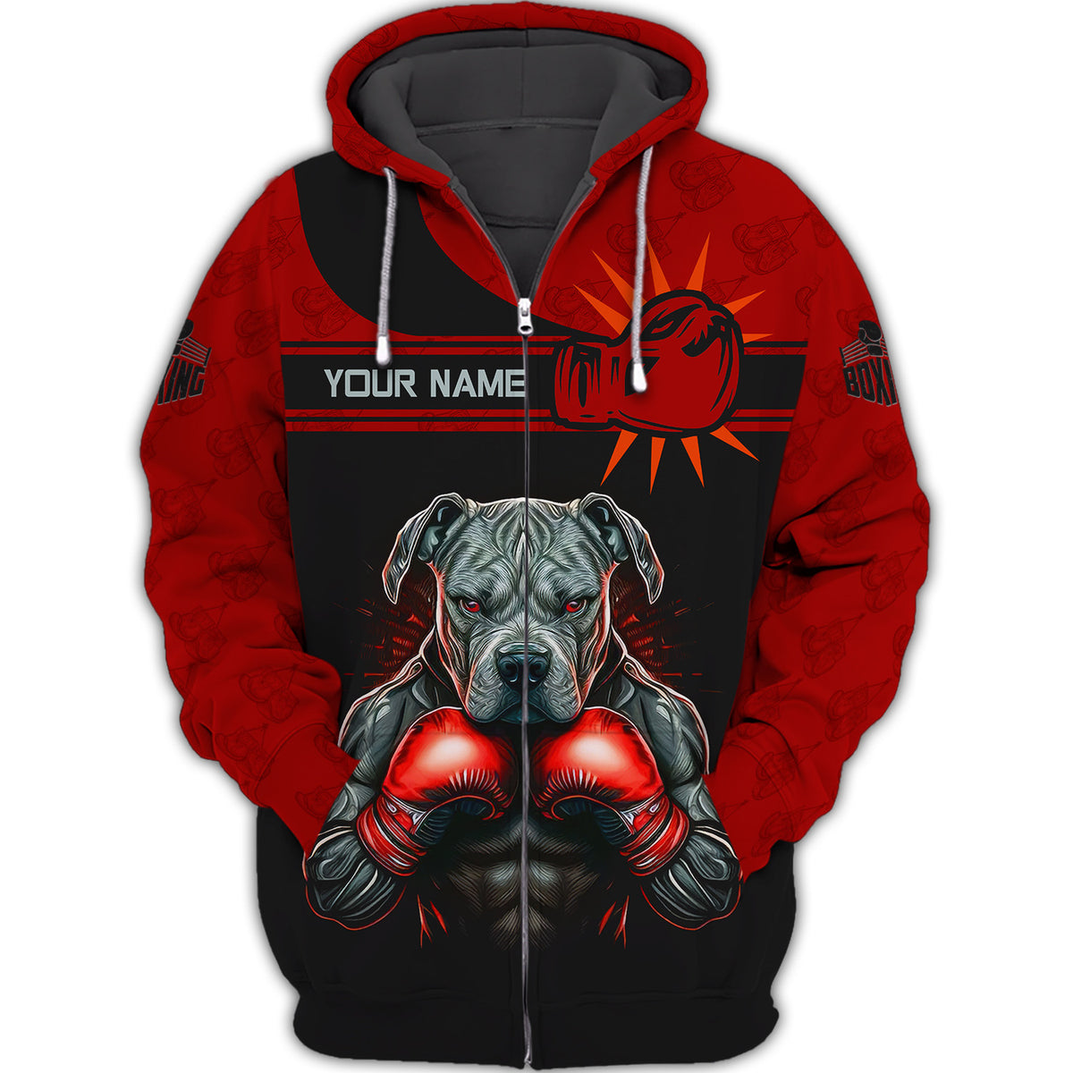 Boxing 3D Zipper Hoodie Black & Red Boxing Dog Personalized Zipper Hoodie