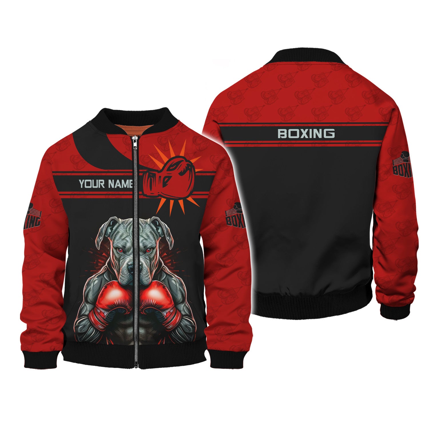 Boxing 3D Zipper Hoodie Black & Red Boxing Dog Personalized Zipper Hoodie