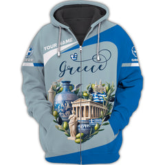 Greece Heart Life Custom Name 3D Zipper Hoodie Unisex Greece Zipper Hoodie Gift For Greece Lovers