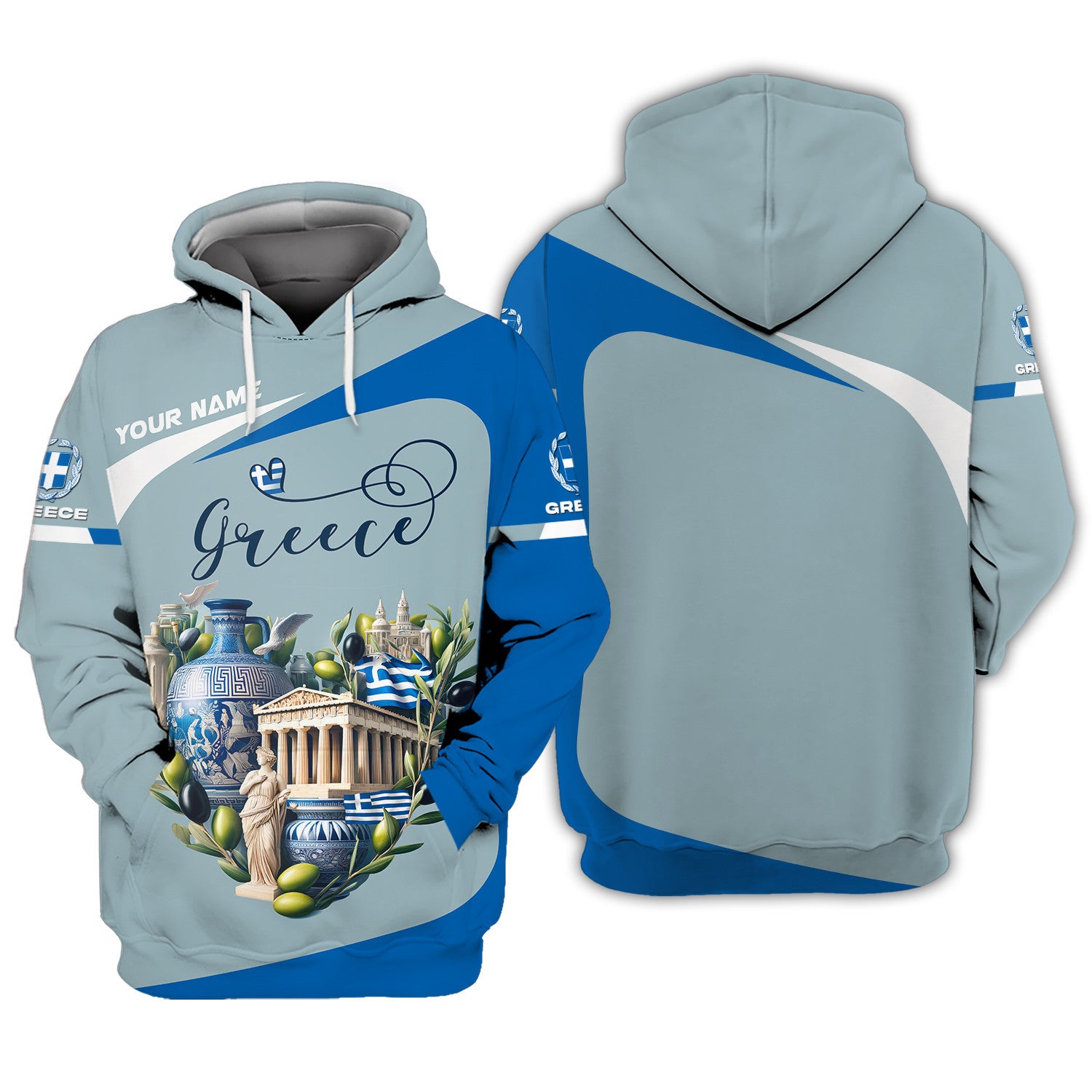 Greece Heart Life Custom Name 3D Zipper Hoodie Unisex Greece Zipper Hoodie Gift For Greece Lovers