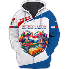 Netherlands Heart Life Personalized Name 3D Zipper Hoodie Custom Gift For Netherlands Lovers