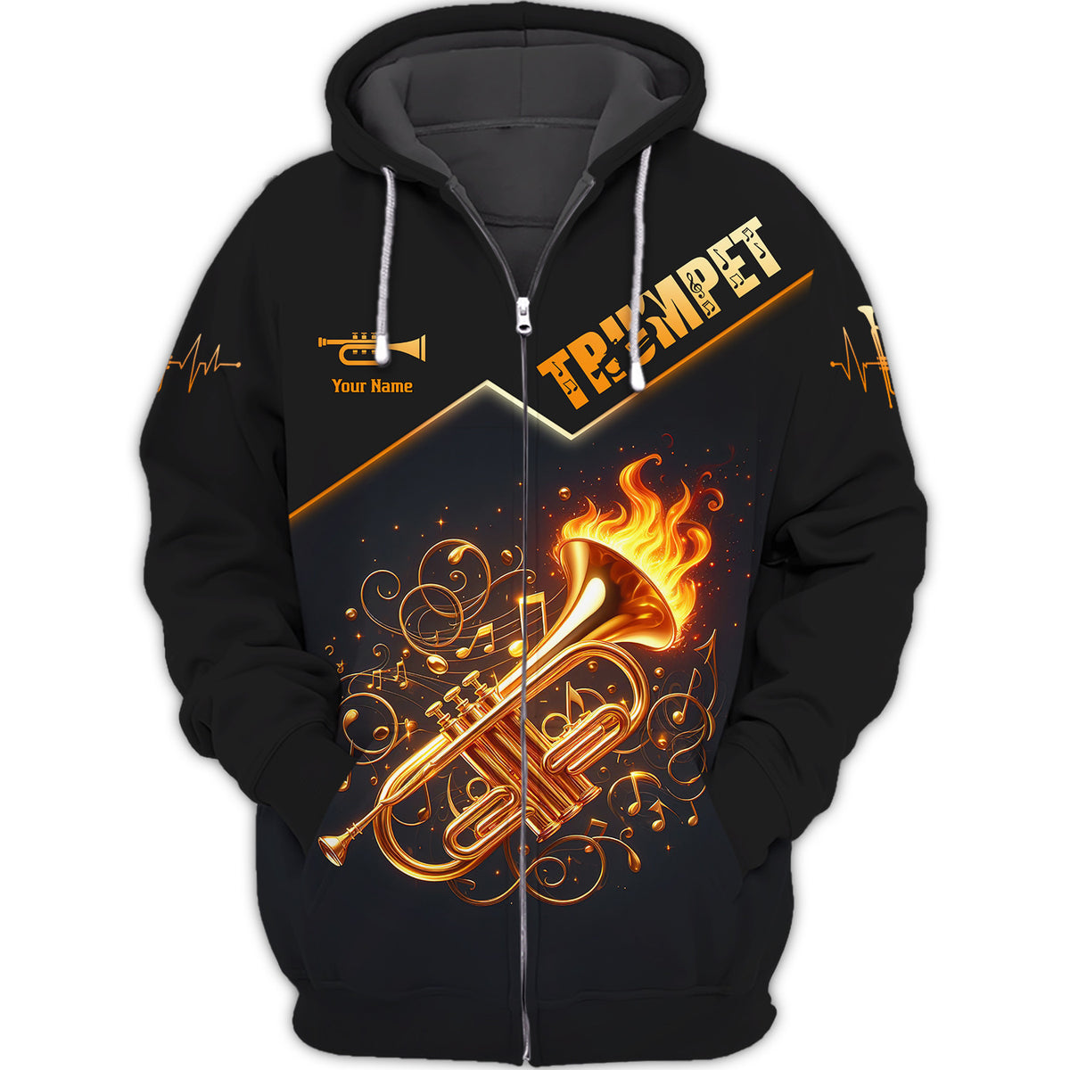 Fire Trumpet With Music Note Personalized Name 3D Zipper Hoodie Gift For Trumpet Lovers