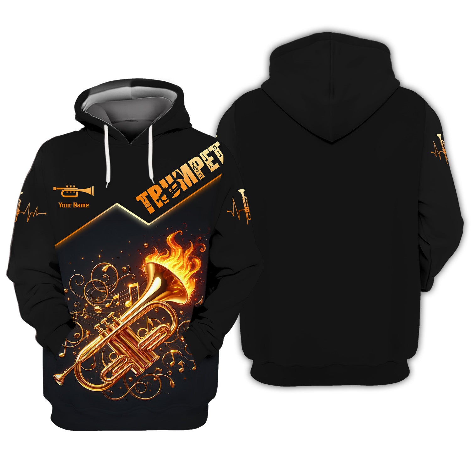 Fire Trumpet With Music Note Personalized Name 3D Zipper Hoodie Gift For Trumpet Lovers