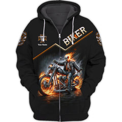 Skull Fire Biker Personalized Name 3D Zipper Hoodie Custom Gift For Biker