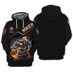 Skull Fire Biker Personalized Name 3D Zipper Hoodie Custom Gift For Biker