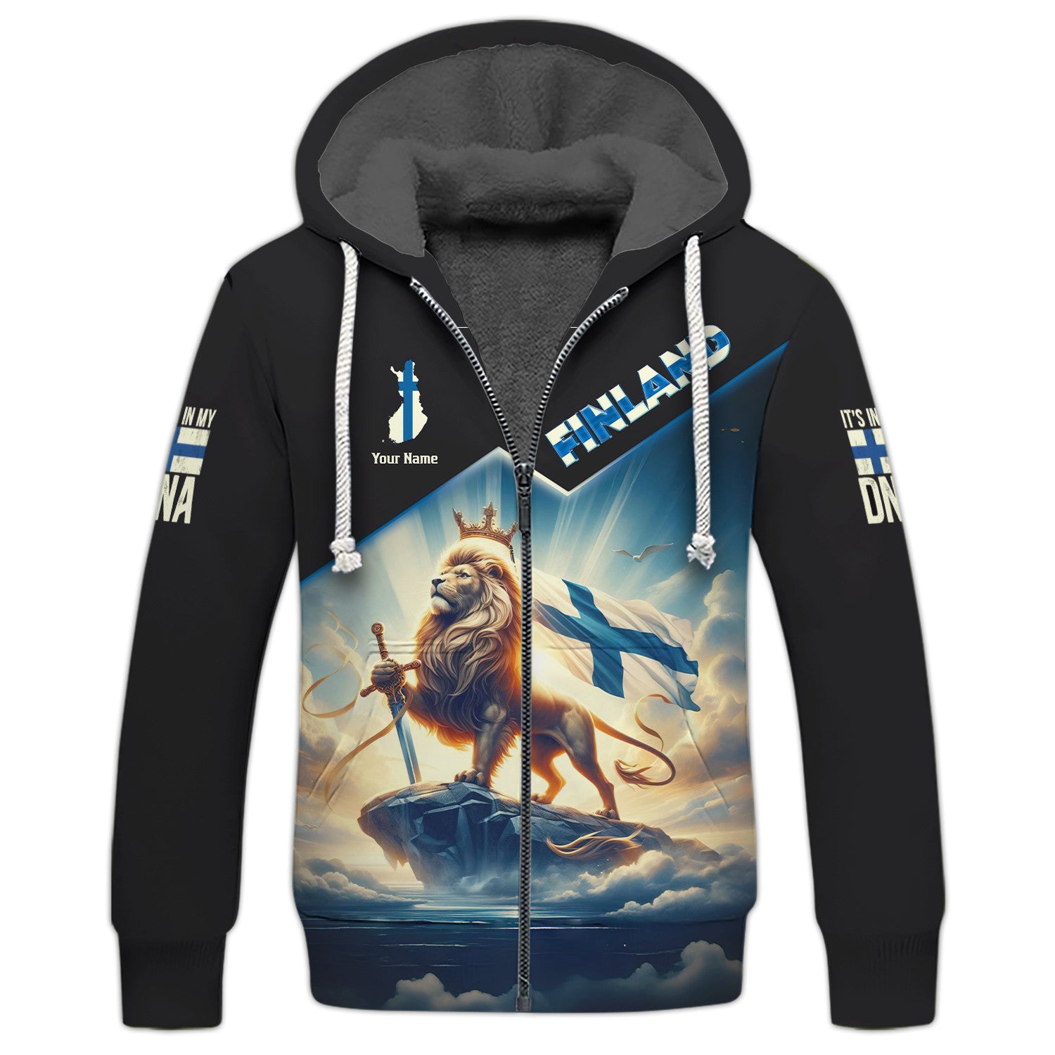 Lion King Finland With Sword Personalized Name 3D Zipper Hoodie