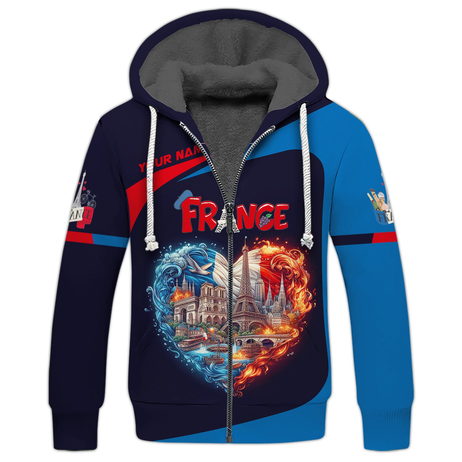 France Heart Life Personalized Name 3D Zipper Hoodie Custom Gift For France Lovers