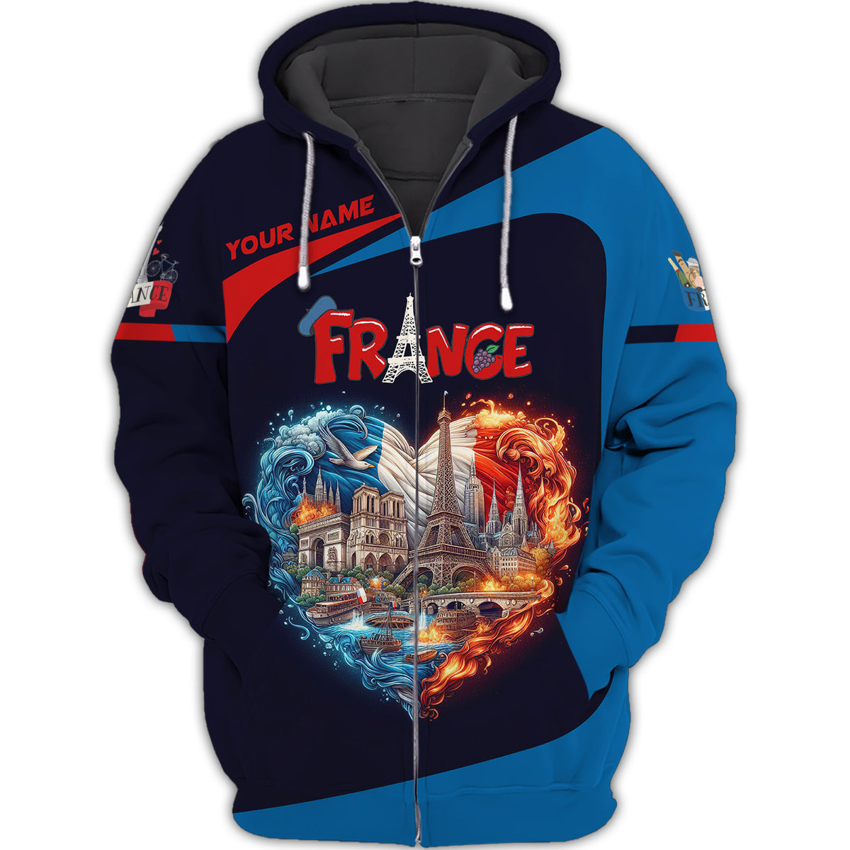 France Heart Life Personalized Name 3D Zipper Hoodie Custom Gift For France Lovers