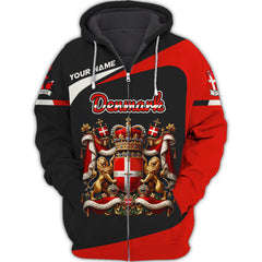 Denmark Coat Of Arms Custom Name 3D Zipper Hoodie Personalized Gift For Denmark Lovers