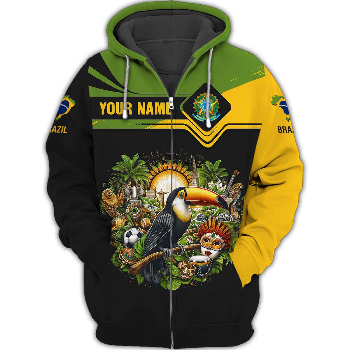 Toucan Brazil Personalized Name 3D Zipper Hoodie Custom Gift For Brazil Lovers