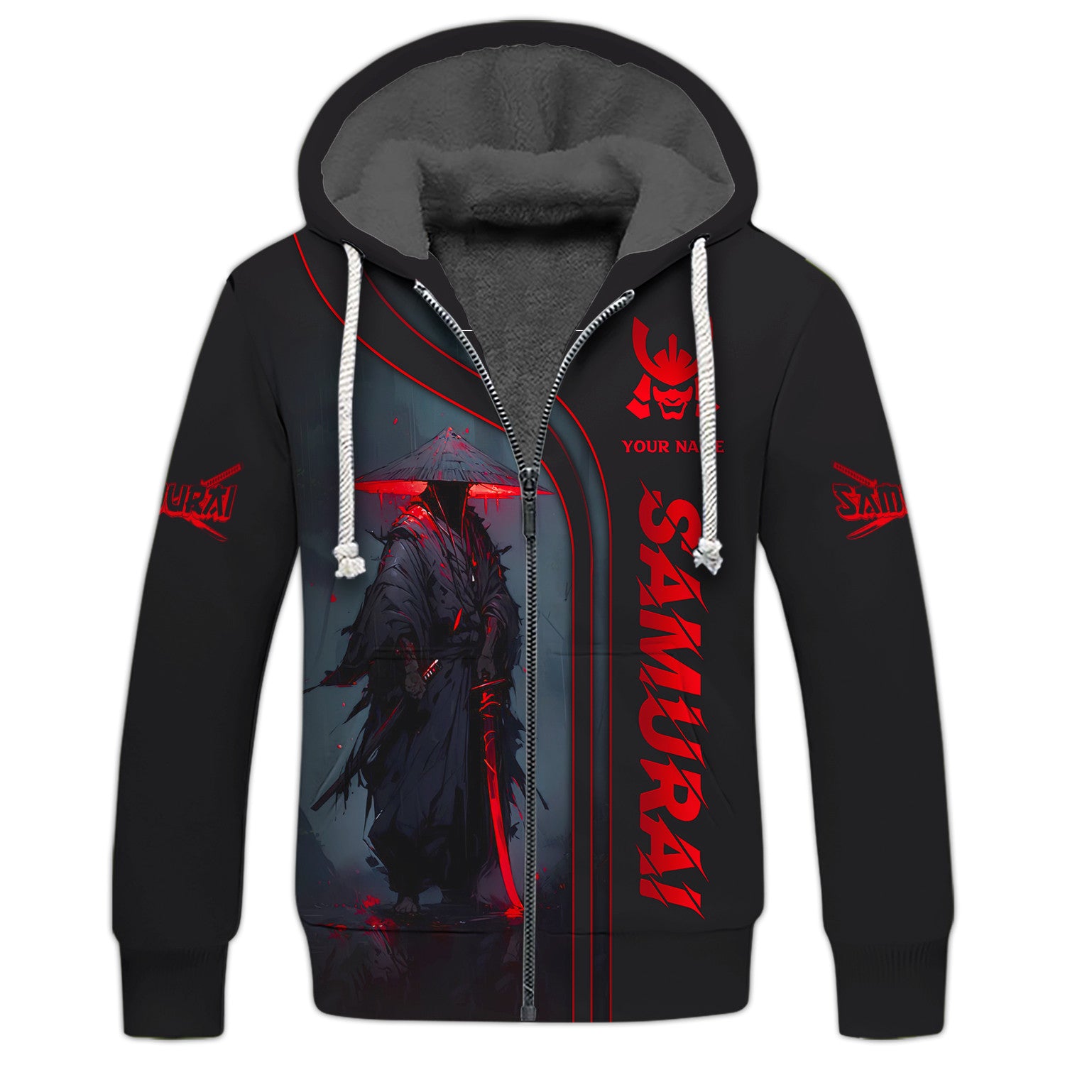 Black & Red Light Samurai Personalized Name 3D Zipper Hoodie Custom Gift For Samurai Lovers