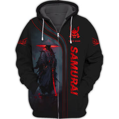 Black & Red Light Samurai Personalized Name 3D Zipper Hoodie Custom Gift For Samurai Lovers