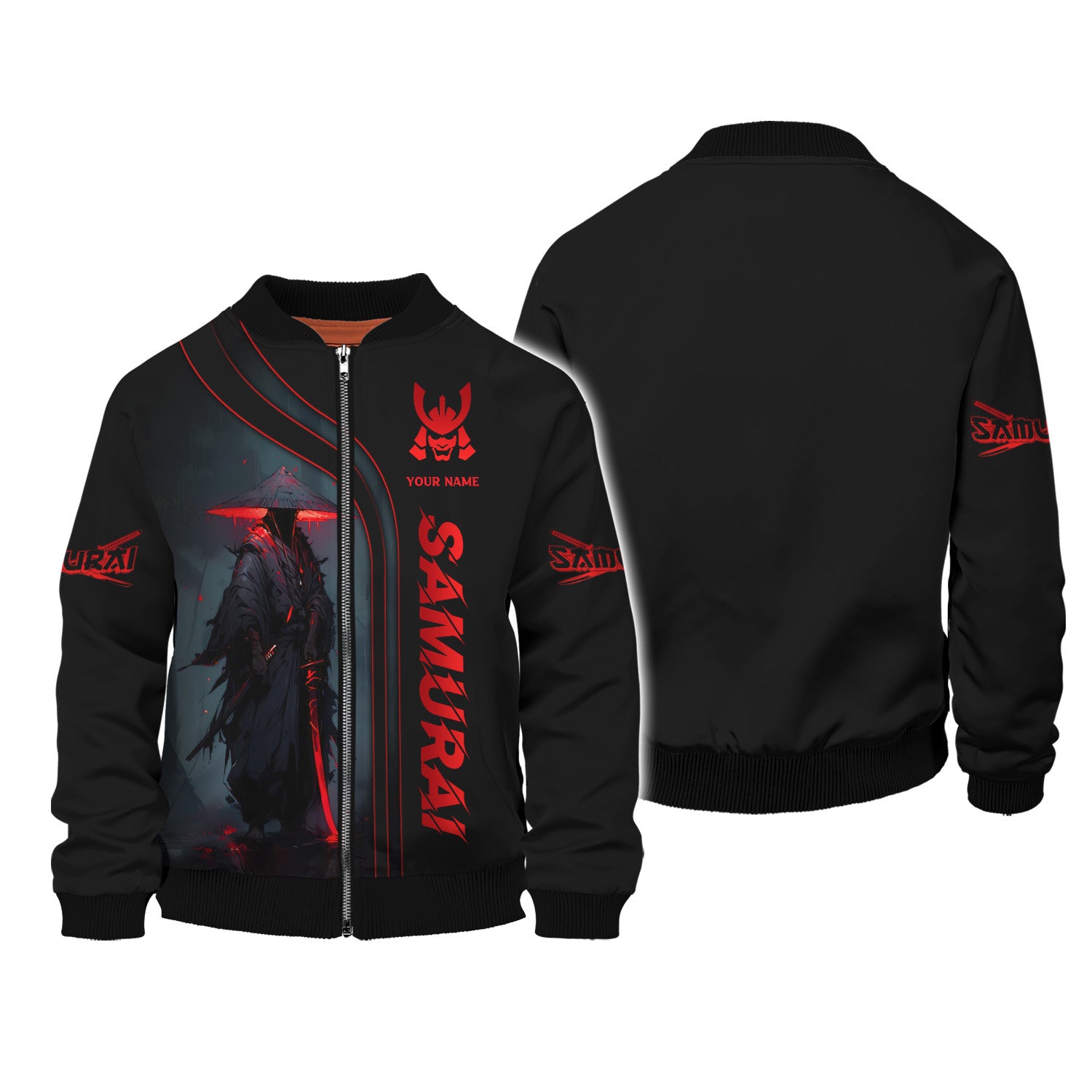 Black & Red Light Samurai Personalized Name 3D Zipper Hoodie Custom Gift For Samurai Lovers