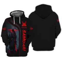 Black & Red Light Samurai Personalized Name 3D Zipper Hoodie Custom Gift For Samurai Lovers