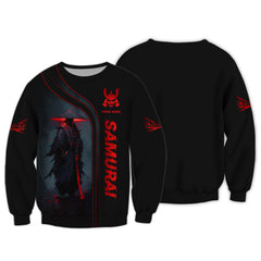 Black & Red Light Samurai Personalized Name 3D Zipper Hoodie Custom Gift For Samurai Lovers