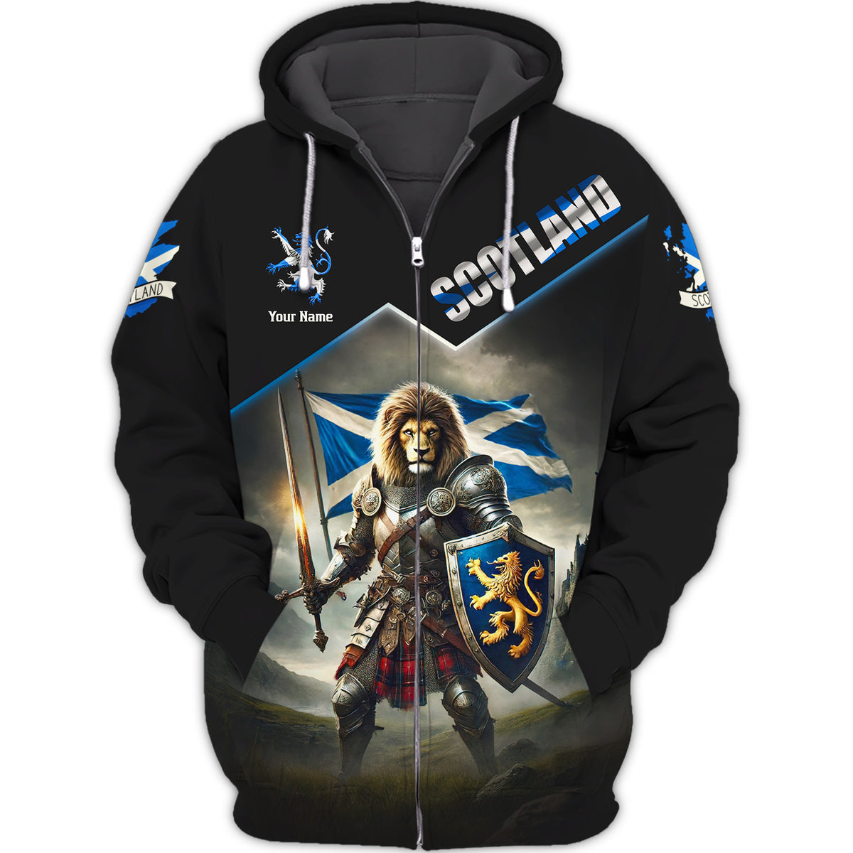 Lion Knight Personalized Name 3D Zipper Hoodie Custom Gift For Scotland Lovers