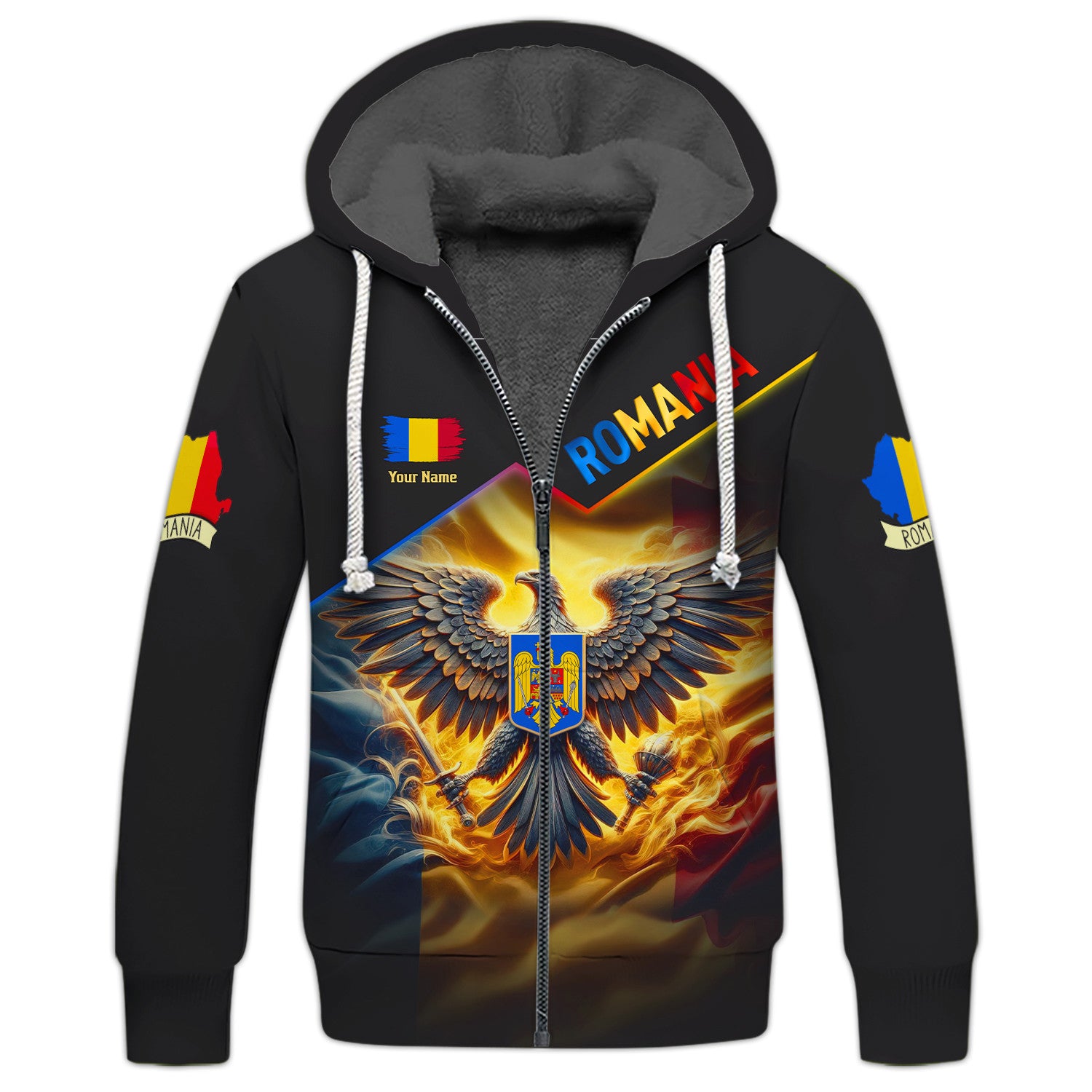 Eagle Romania Personalized Name 3D Zipper Hoodie Gift For Romania Lovers