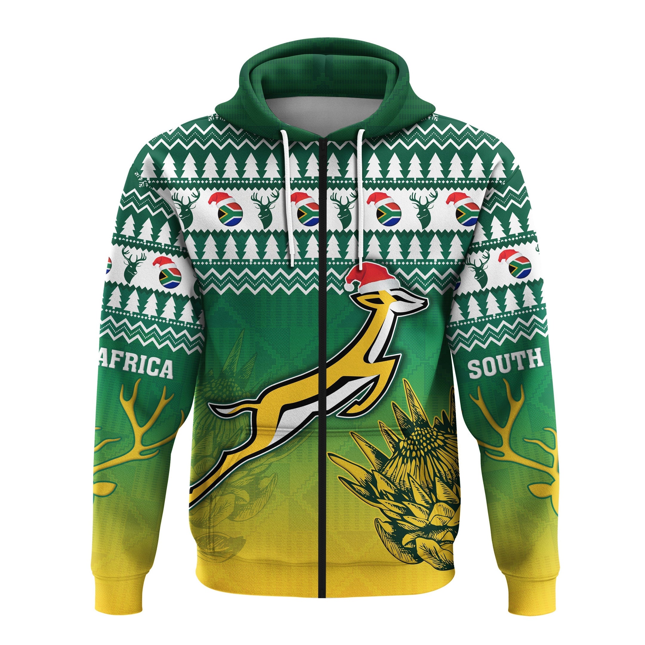 South Africa Rugby Christmas Zip 3D  Hoodie Proud Springboks