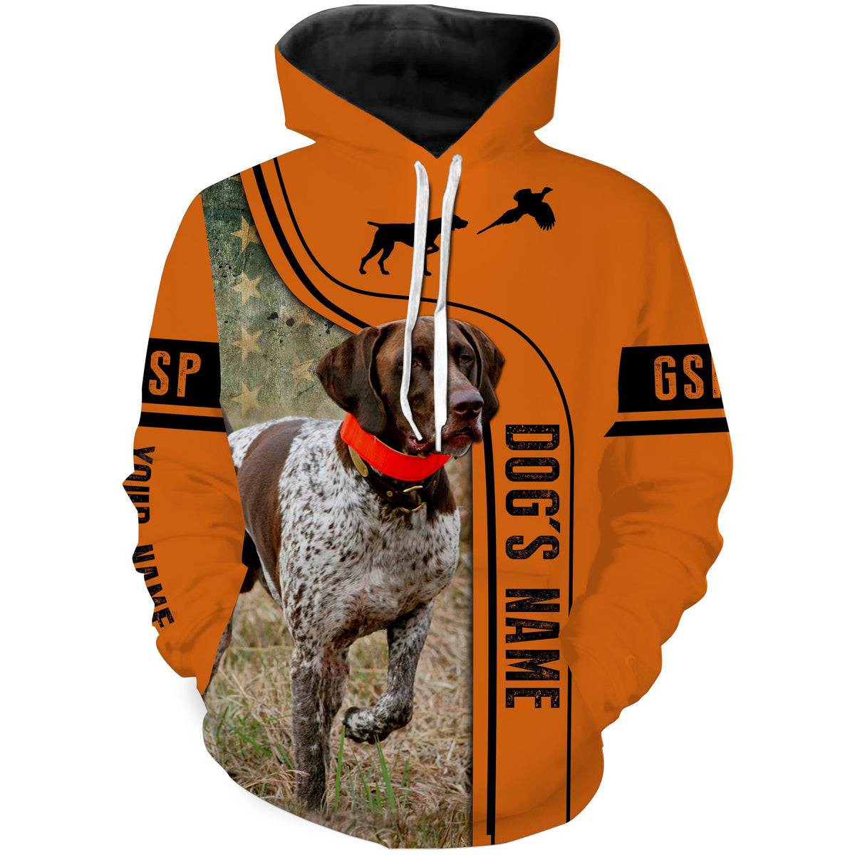 Pheasant Hunting With German Shorthaired Pointer Gsp US Flag Custom Name Orange Camo Full Printing Shirts, Hunting Gifts